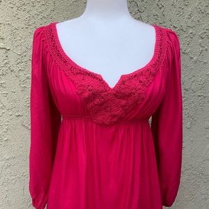 Studio M Crochet Split Neck Peasant Top, Medium